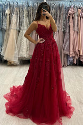 Charming Red A-Line Spaghetti Strap V-Neck Beaded Sleeveless Long Tulle Evening Dresses With Appliques